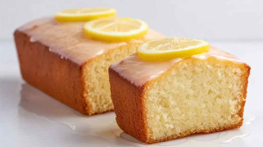 Sourdough discard lemon loaf topped with a sweet lemon glaze and fresh lemon zest, sliced and ready to serve.