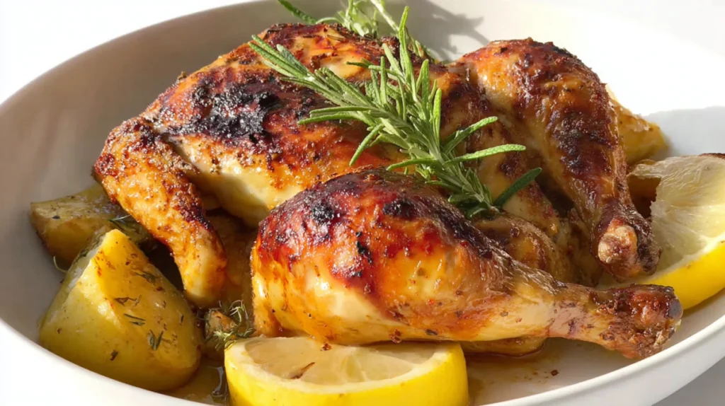 Spatchcock Greek lemon chicken roasted until golden brown and garnished with fresh herbs and lemon slices.