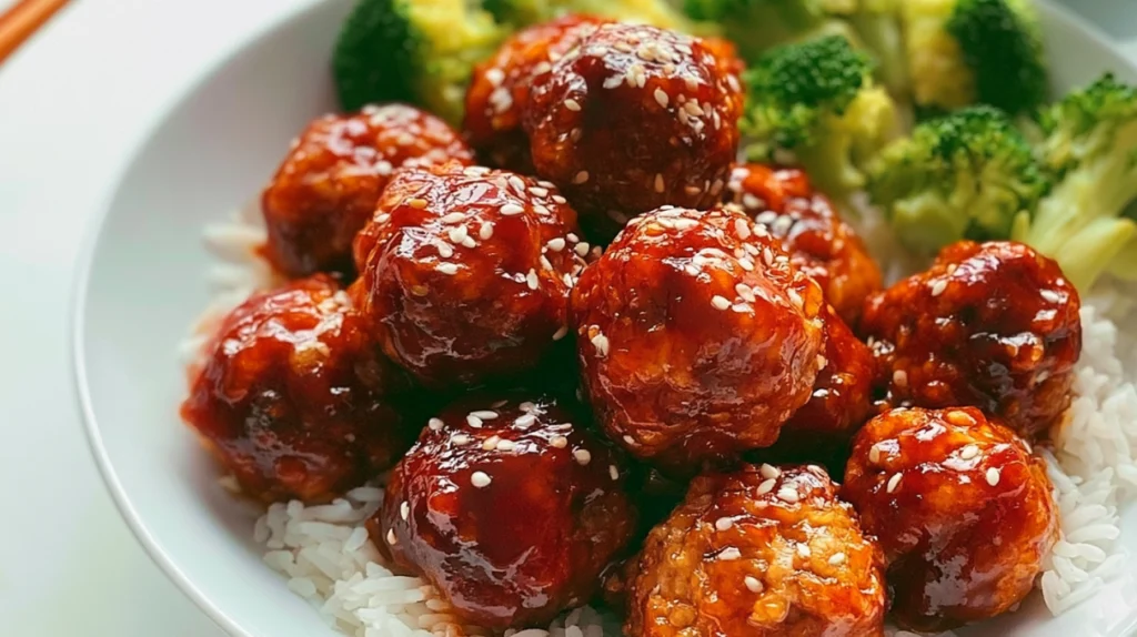 Sticky pork meatballs glazed in a rich sweet and savory sauce, garnished with sesame seeds and green onions.