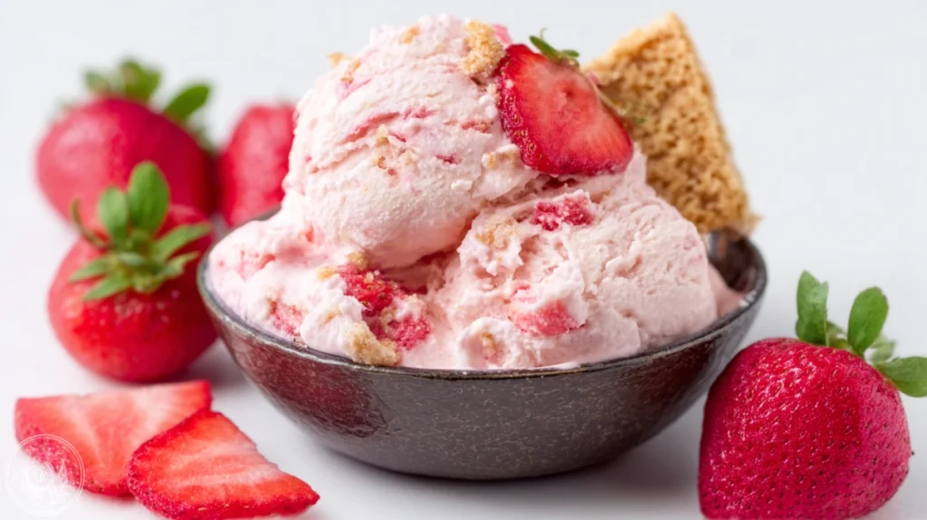 Creamy strawberry cheesecake ice cream swirled with strawberry sauce and cheesecake pieces, served in a bowl with fresh strawberries.