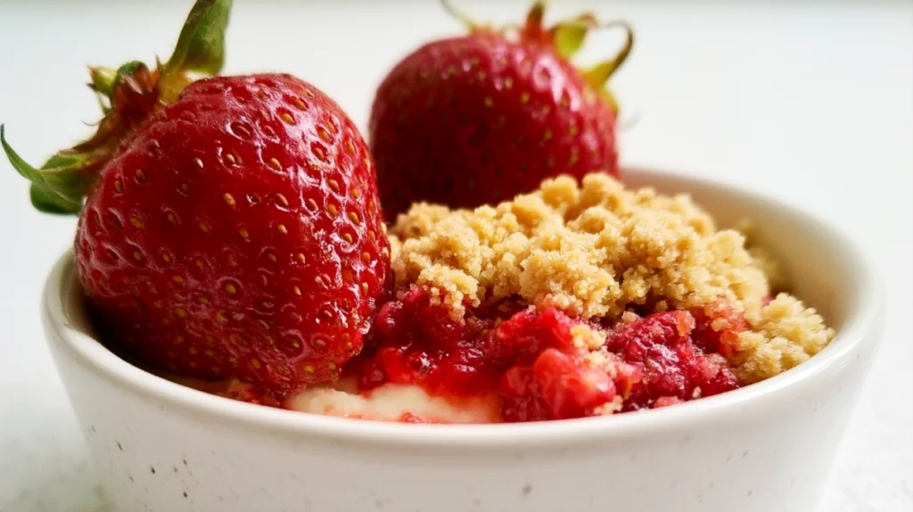 Strawberry crumble baked until golden and bubbly, featuring sweet strawberries beneath a buttery crumble topping.