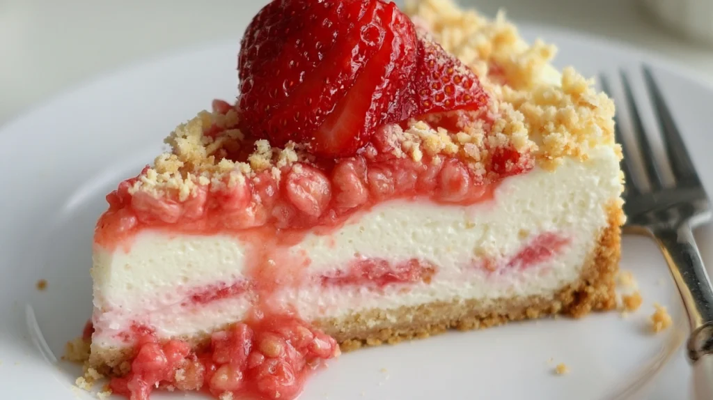 Strawberry crunch cheesecake topped with a crunchy strawberry crumble, whipped cream, and fresh strawberries.