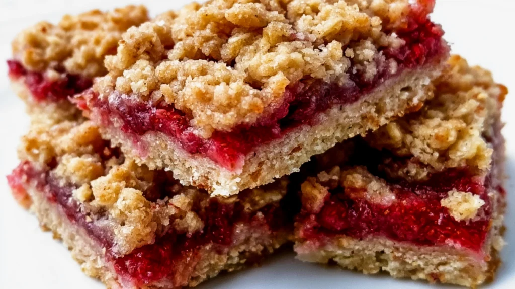Strawberry oatmeal bars with crumble topping layered with sweet strawberry filling and a golden buttery oat crumble.