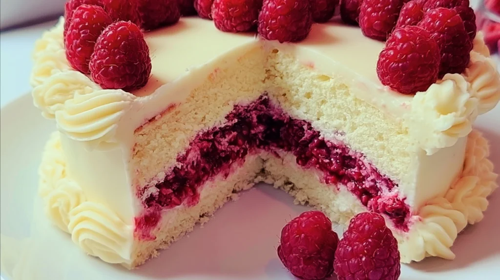 White chocolate raspberry dream cake layered with fluffy cake, creamy white chocolate frosting, and fresh raspberries.