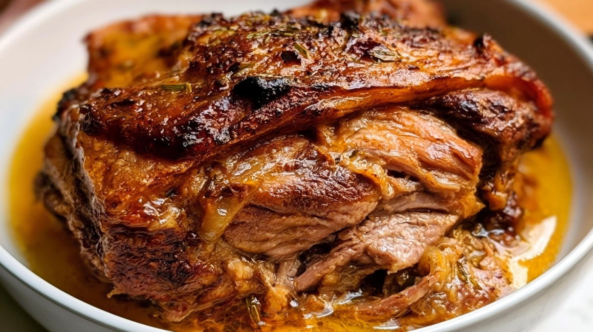 Apple cider braised pork shoulder slow-cooked until tender in a rich apple cider sauce with herbs and caramelized onions.