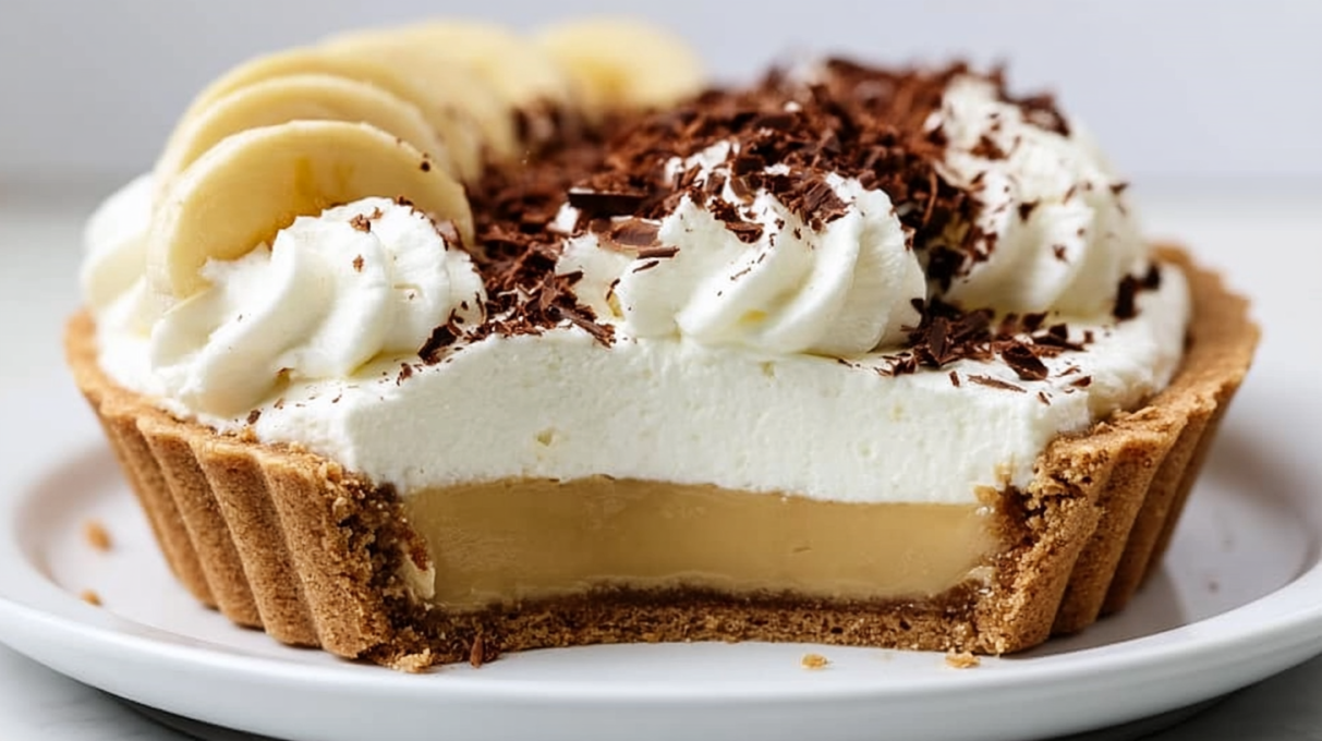 Banoffee pie made with a buttery biscuit crust, creamy dulce de leche, sliced bananas, and fluffy whipped cream.
