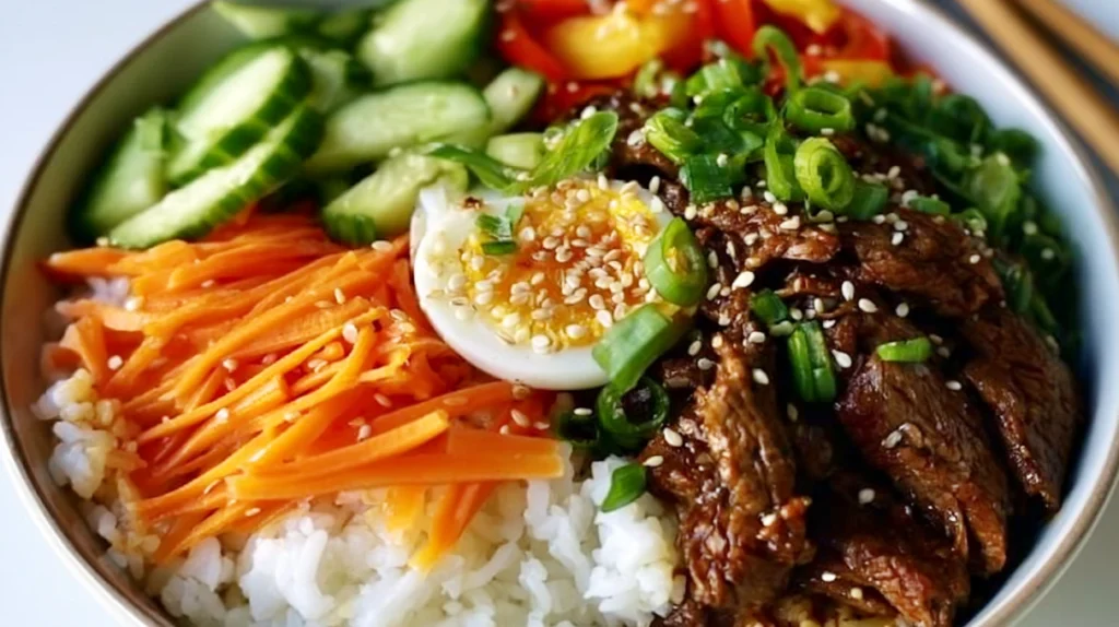 Beef bulgogi bowls served with tender marinated beef, steamed rice, fresh vegetables, and sesame seeds.