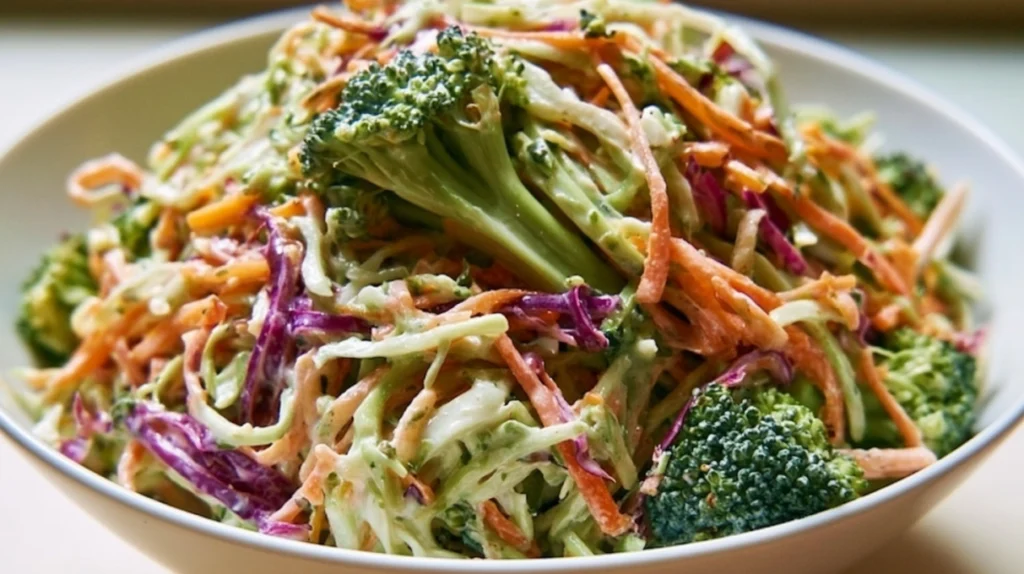 Broccoli slaw tossed with a creamy yogurt dressing, shredded vegetables, and fresh herbs in a colorful salad bowl.