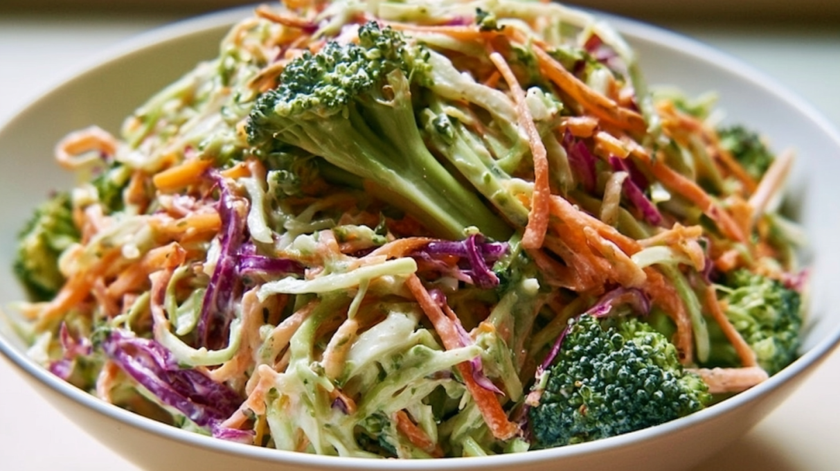 Broccoli slaw tossed with a creamy yogurt dressing, shredded vegetables, and fresh herbs in a colorful salad bowl.