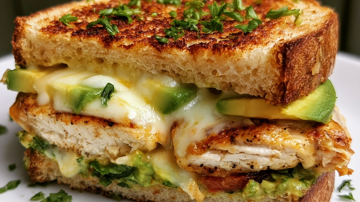 Chicken avocado melt sandwich layered with juicy chicken, creamy avocado, melted cheese, and toasted bread.