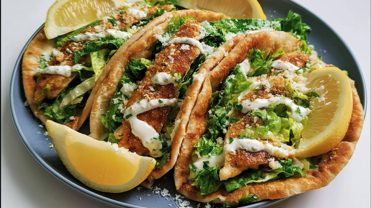 Chicken Caesar smash tacos filled with crispy chicken, fresh romaine lettuce, Parmesan cheese, and creamy Caesar dressing.