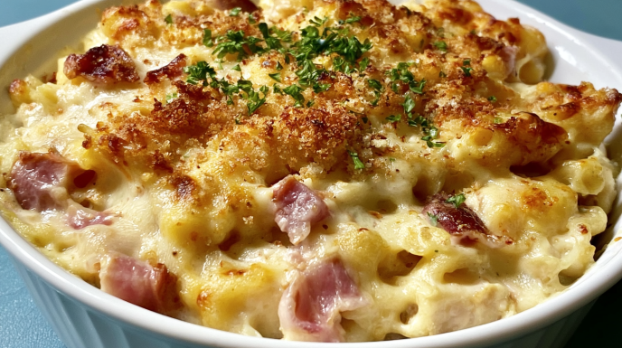 Chicken Cordon Bleu casserole baked with tender chicken, ham, Swiss cheese, and a creamy sauce topped with a golden crust.