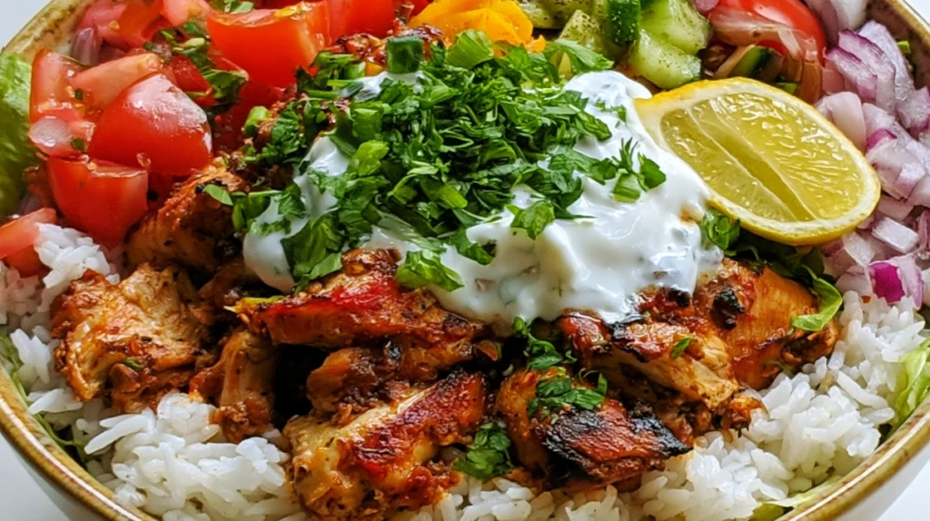 Chicken shawarma bowl served with spiced chicken, rice, fresh vegetables, hummus, and creamy garlic sauce.