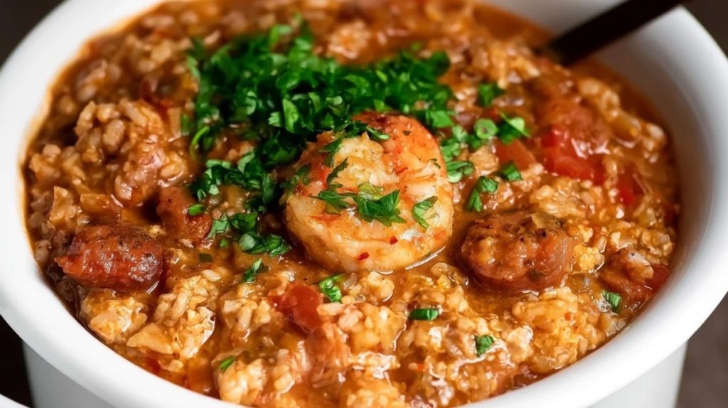 Crock Pot jambalaya made with chicken, smoked sausage, shrimp, rice, vegetables, and Cajun spices in a hearty slow-cooked dish.