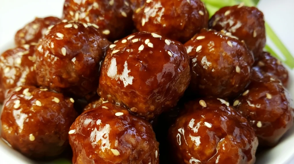 Crock-Pot teriyaki meatballs coated in a glossy teriyaki sauce and garnished with sesame seeds and green onions.
