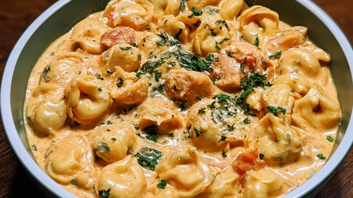 CrockPot chicken tortellini made with tender chicken, cheese tortellini, vegetables, and a creamy savory sauce.