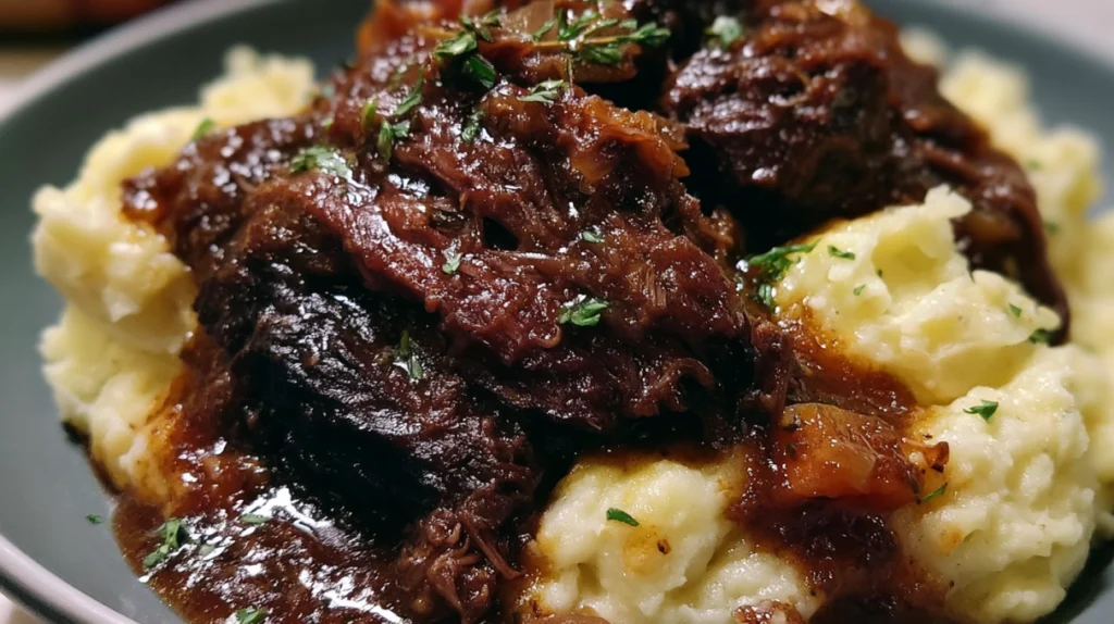 Crockpot beef chuck roast slow-cooked until fork-tender with carrots, potatoes, onions, and a rich savory gravy.