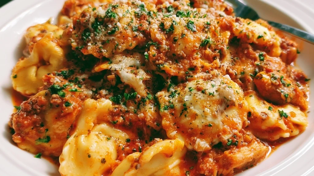 Crockpot Million Dollar Ravioli layered with cheese ravioli, rich meat sauce, creamy cheese mixture, and melted mozzarella.