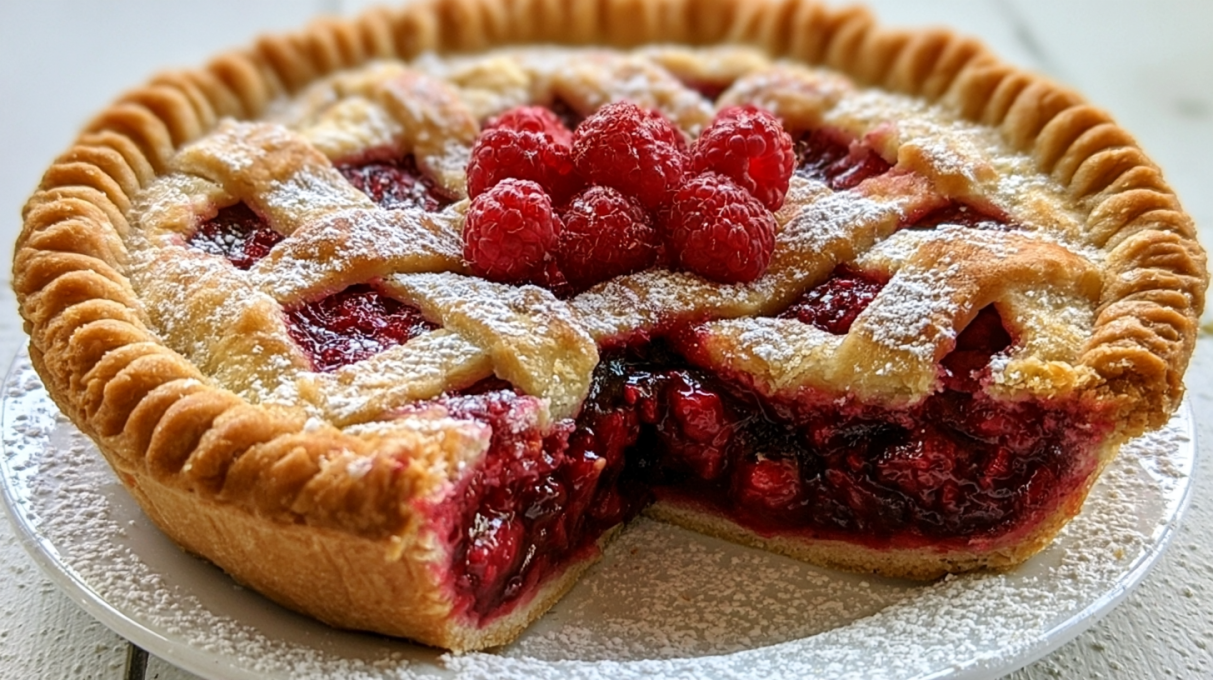 Double crust raspberry pie baked until golden brown with a flaky pastry crust and a juicy raspberry filling.