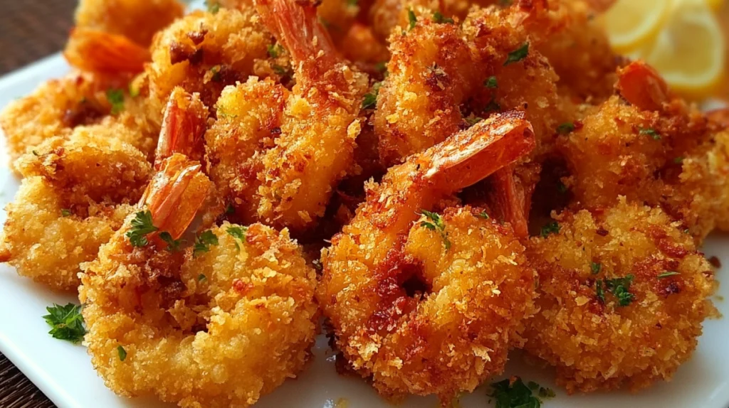 Extra crispy fried shrimp coated in a golden crunchy breading and served with lemon wedges and dipping sauce.