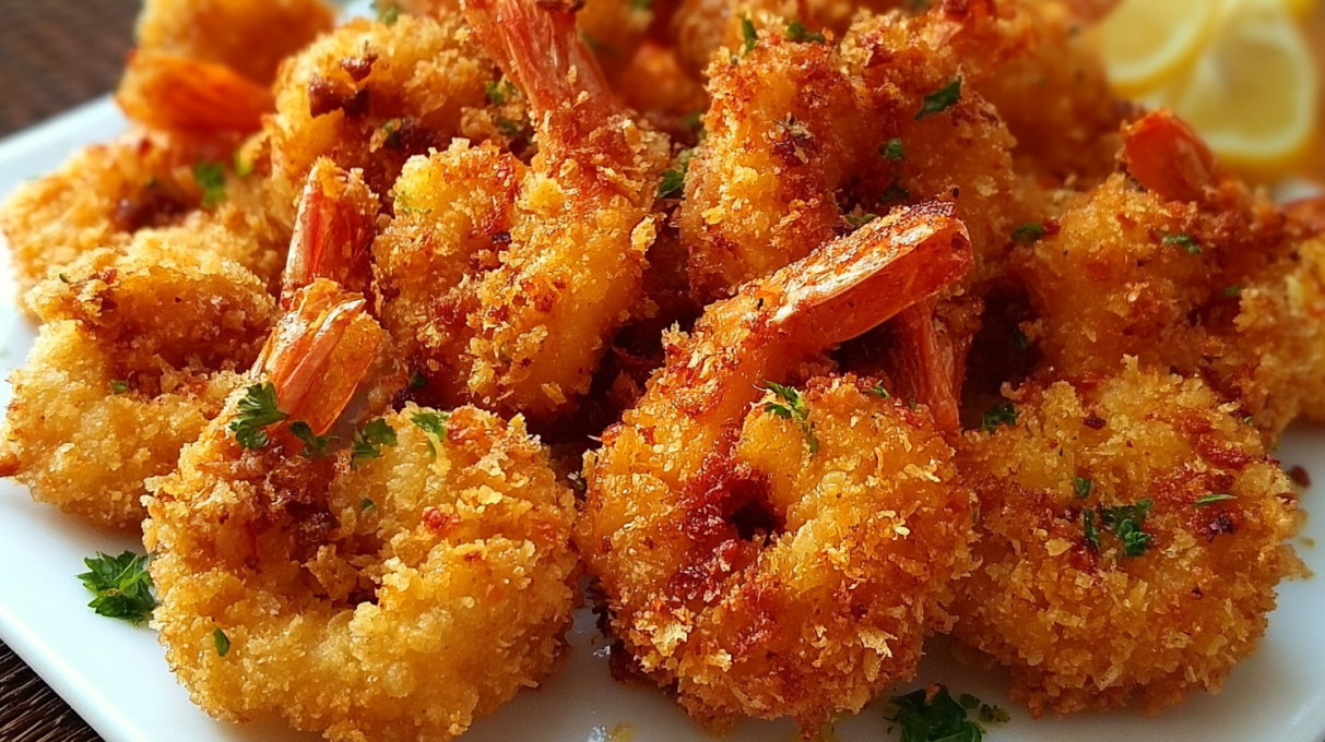 Extra crispy fried shrimp coated in a golden crunchy breading and served with lemon wedges and dipping sauce.
