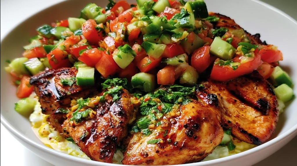 Grilled marinated chicken served with a fresh tomato cucumber salad, garnished with herbs and a light dressing.
