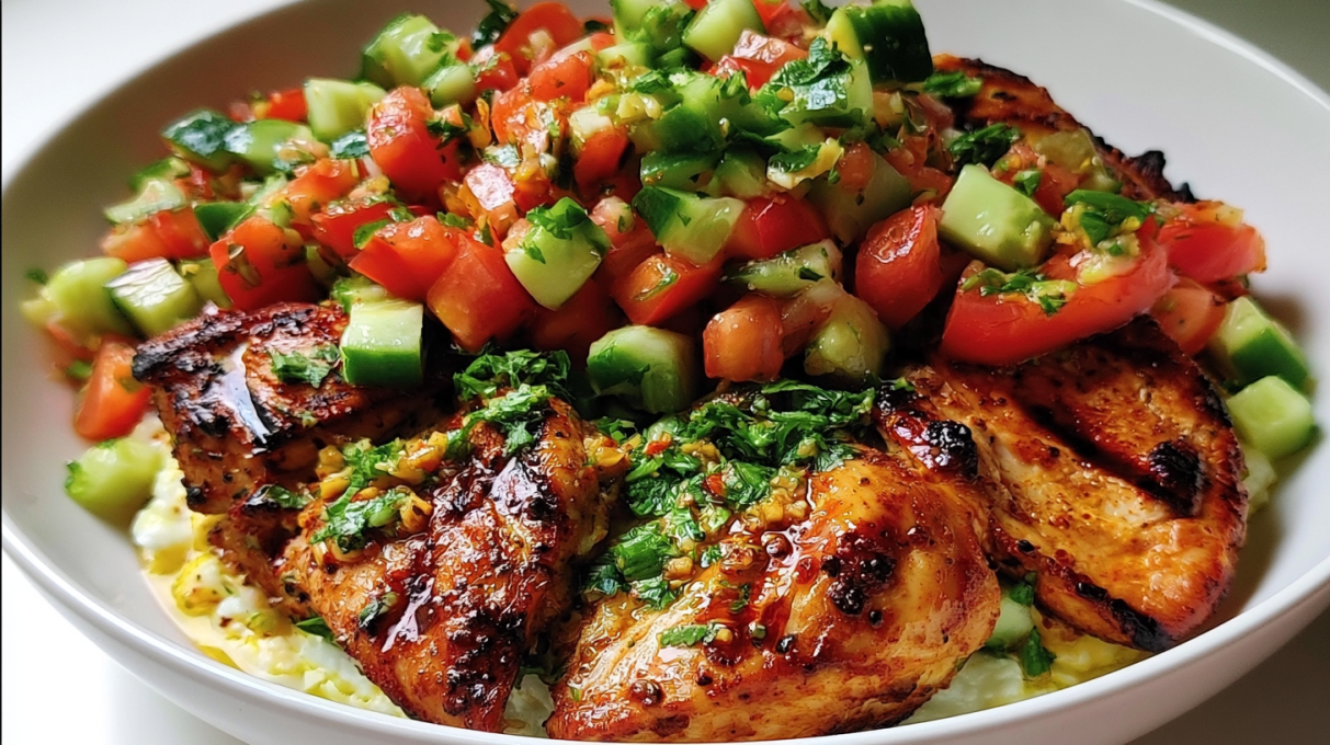 Grilled marinated chicken served with a fresh tomato cucumber salad, garnished with herbs and a light dressing.