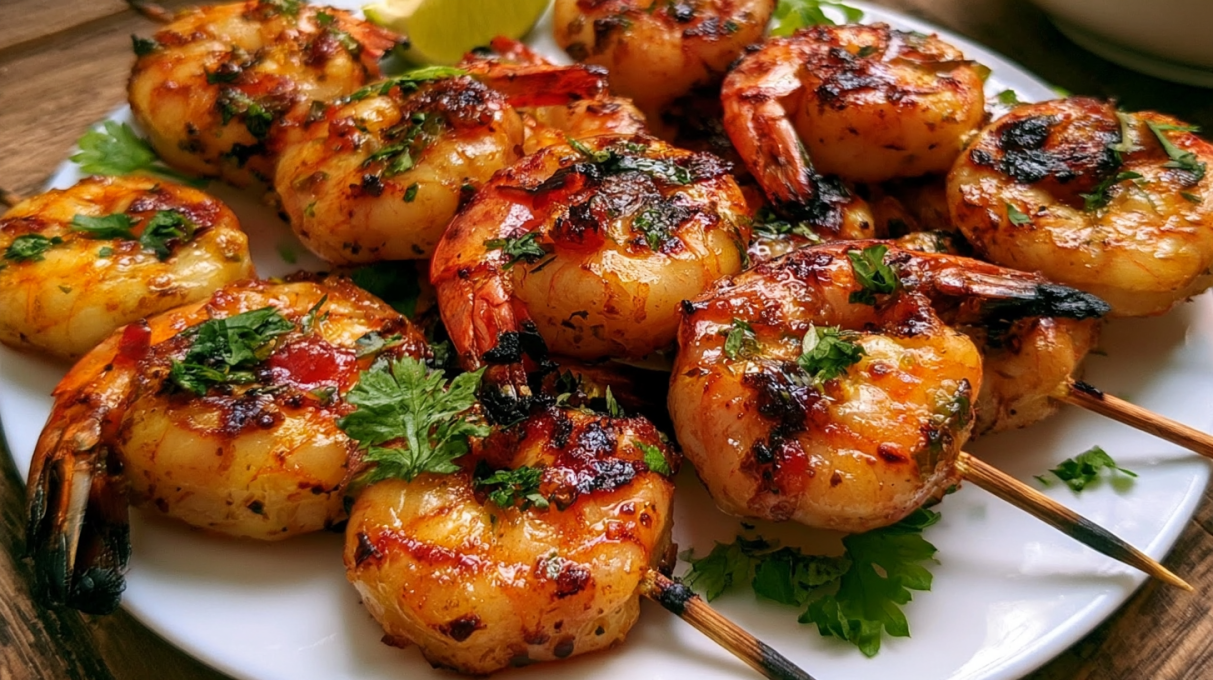 Grilled shrimp kabobs skewered with juicy shrimp and colorful vegetables, charred to perfection on the grill.