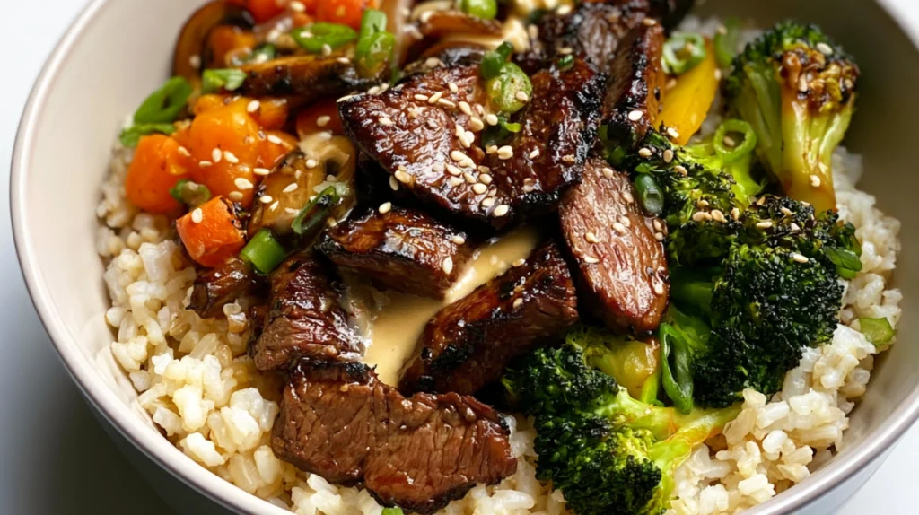 Hibachi steak bowls served with tender grilled steak, steamed rice, sautéed vegetables, and a savory hibachi sauce.