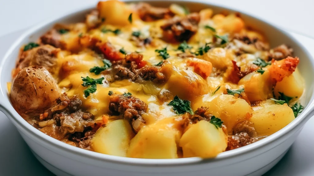 Hobo casserole baked with seasoned ground beef, sliced potatoes, creamy sauce, and melted cheese until golden and bubbly.