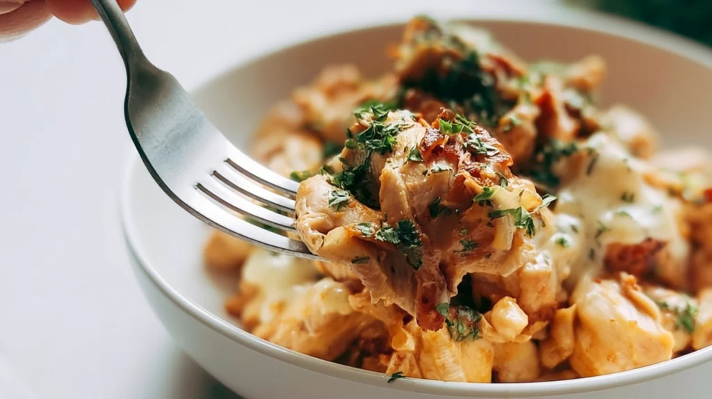 Keto crockpot chicken slow-cooked until tender in a rich, creamy low-carb sauce with fresh herbs.