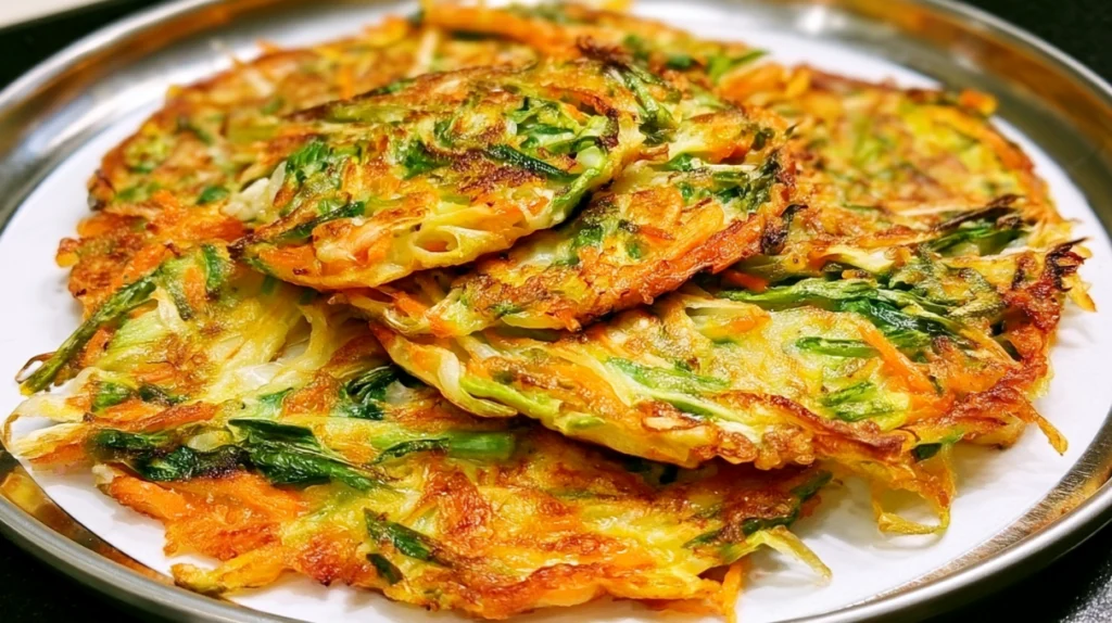 Korean vegetable pancakes pan-fried until crispy and golden, filled with colorful vegetables and served with a savory dipping sauce.