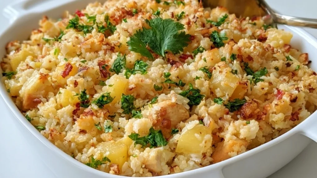 Pineapple chicken rice casserole baked with tender chicken, fluffy rice, juicy pineapple, and a golden cheesy topping.