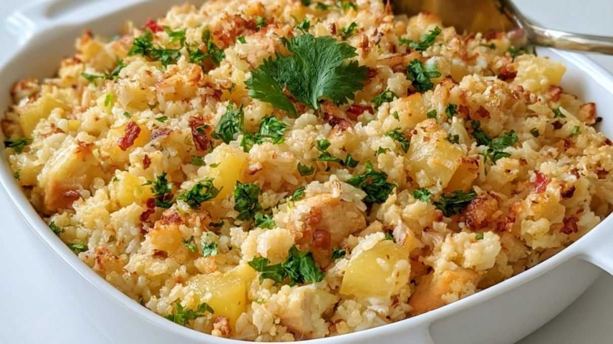 Pineapple chicken rice casserole baked with tender chicken, fluffy rice, juicy pineapple, and a golden cheesy topping.