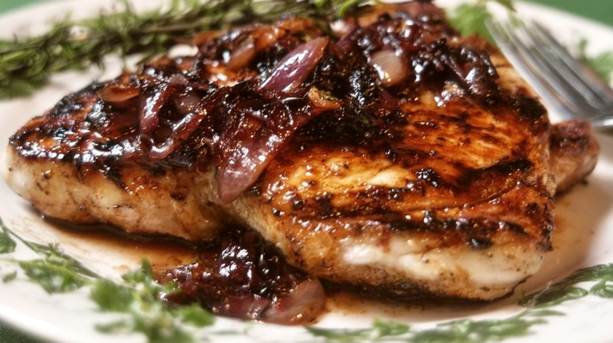 Pork chops with balsamic caramelized onions served with tender juicy pork and rich golden onions in a glossy balsamic glaze.