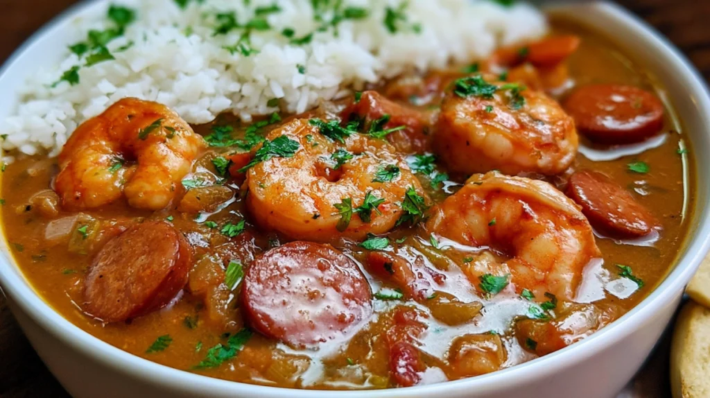 Shrimp and sausage gumbo served with juicy shrimp, smoked sausage, vegetables, and a rich, flavorful broth over steamed rice.