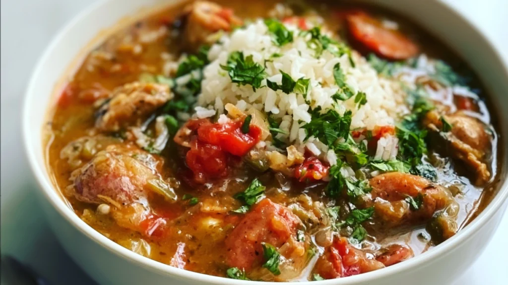 Slow cooker chicken and sausage gumbo served with tender chicken, smoked sausage, vegetables, and a rich flavorful broth over rice.