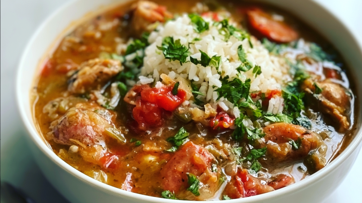 Slow cooker chicken and sausage gumbo served with tender chicken, smoked sausage, vegetables, and a rich flavorful broth over rice.