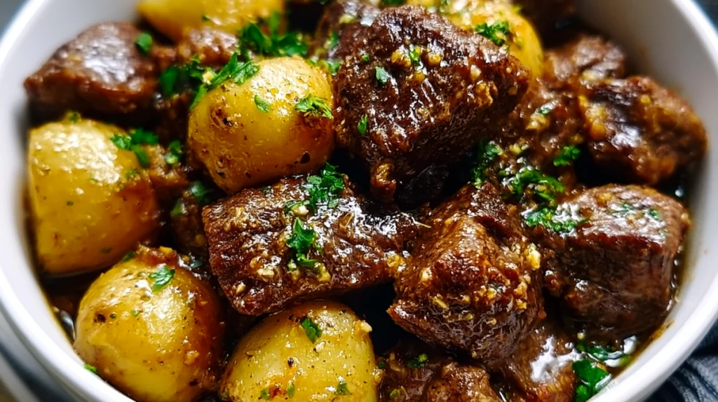 Slow cooker garlic butter beef bites cooked until tender in a rich garlic butter sauce and garnished with fresh parsley.