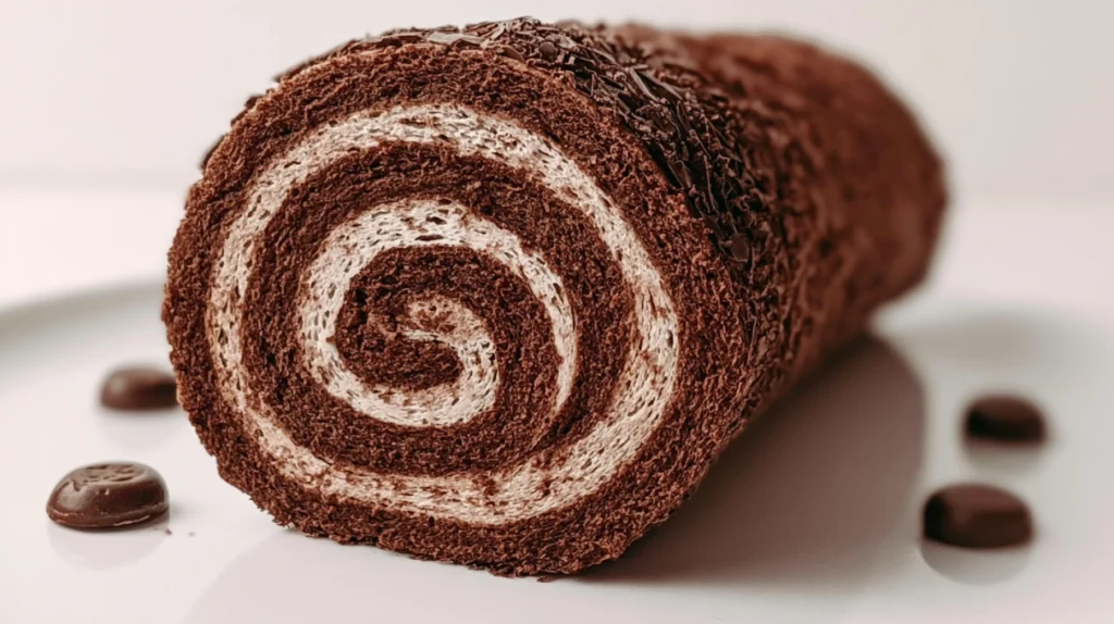 Sourdough chocolate Swiss roll filled with rich chocolate cream, rolled into delicate spirals, and dusted with cocoa powder.