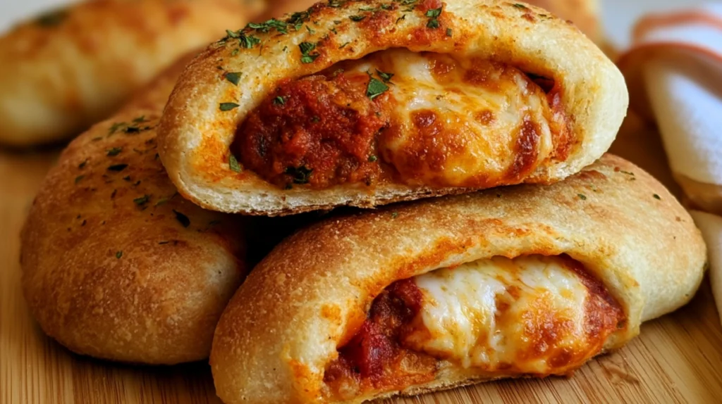 Sourdough pizza pockets baked until golden and crispy, filled with melted cheese, pizza sauce, and savory toppings.