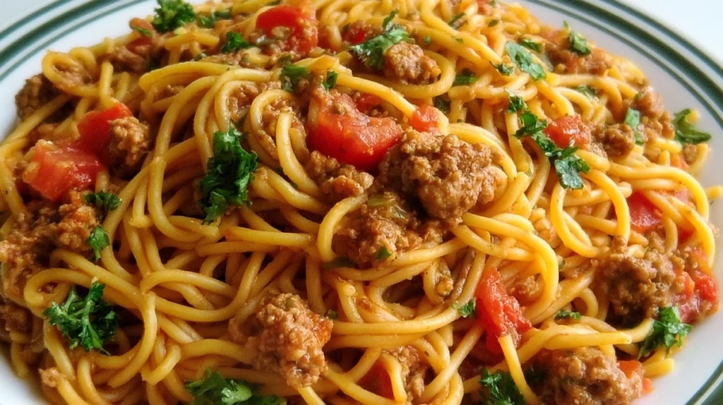 Taco spaghetti made with seasoned ground beef, spaghetti, melted cheese, and a rich taco-seasoned tomato sauce.