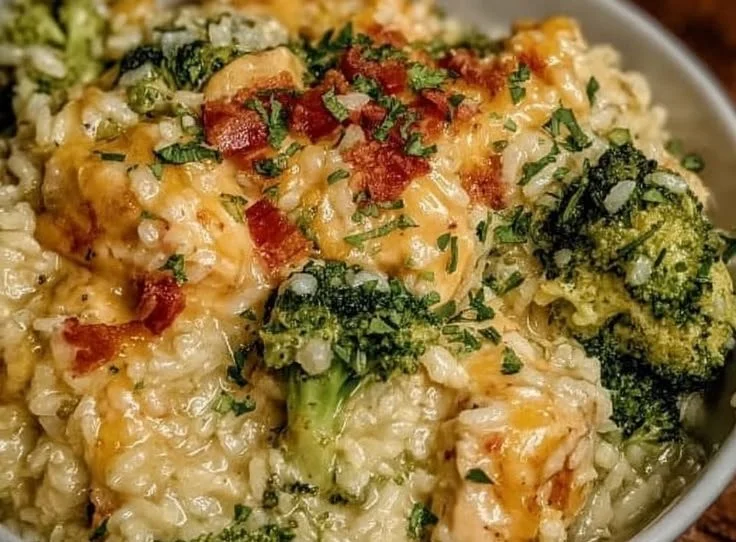 Crockpot Broccoli Cheddar Chicken and Rice served in a bowl